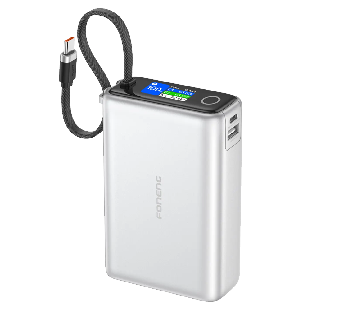 FONENG PX132 – Power Bank 20000mAh 65W avec câble USB-C intégré & écran TFT