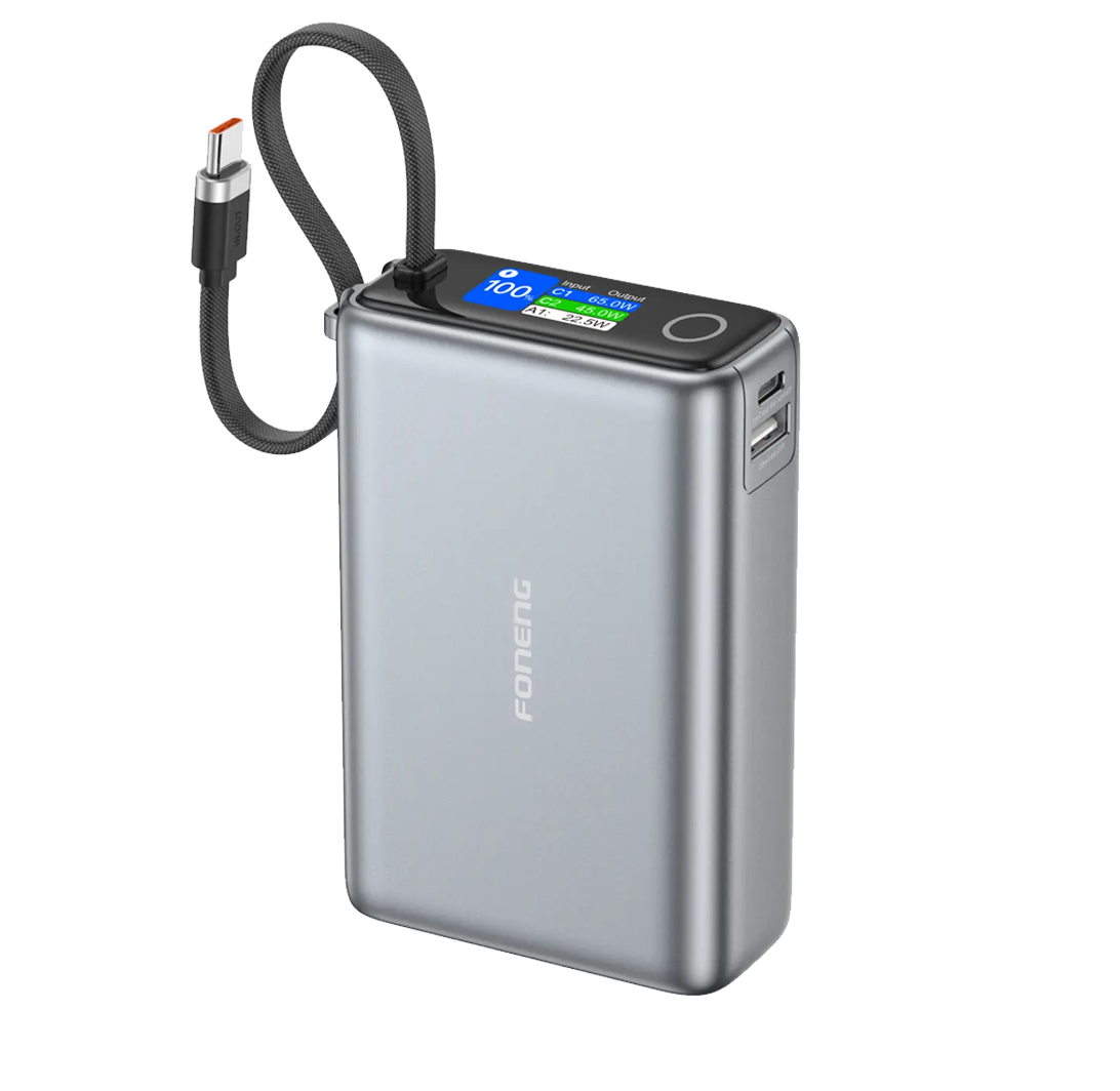 FONENG PX132 – Power Bank 20000mAh 65W avec câble USB-C intégré & écran TFT